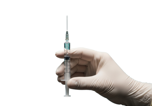 Human hand in transparent medical glove precisely holding an insulin-type syringe with upward-pointing needle and liquid, against a teal-blue bokeh background, concept of vaccination and medical