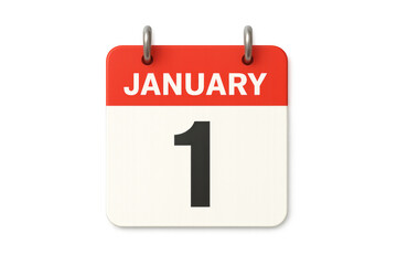 January 1st calendar page showing new year's day on transparent background