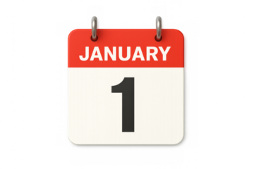 January 1st calendar page showing new year's day on transparent background