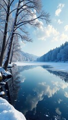 Frozen lake reflecting a stark winter sky, icy branches reaching towards the heavens Perfect for winter, cold, or nature themes A serene, yet chilling landscape , nature, peaceful, winter landscape