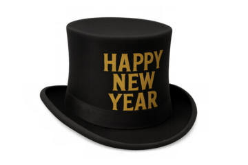 Black top hat wishing happy new year on transparent background
