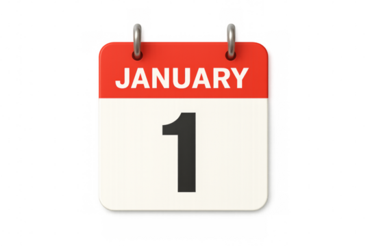 January 1st calendar page showing new year's day on transparent background