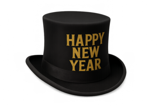 Black top hat wishing happy new year on transparent background