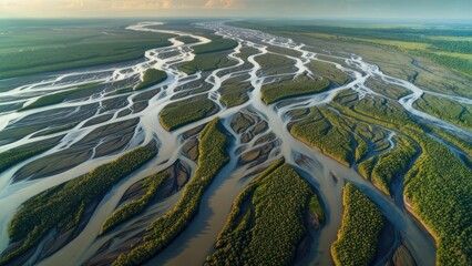 Aerial view of a vast river delta system, intricate network of waterways weaving through lush green vegetation