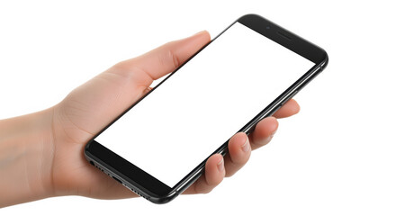 A close-up of a woman's hand securely holding a sleek, modern black smartphone mockup with a pristine blank white screen, isolated on white.