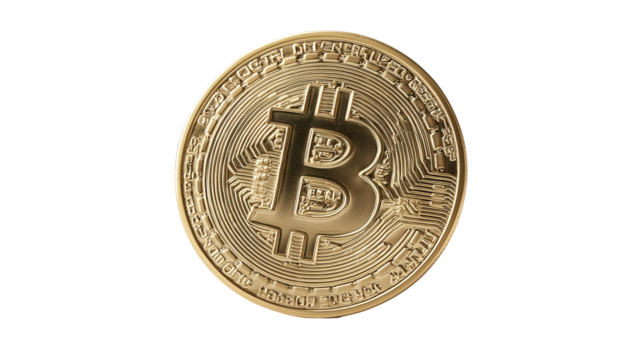 Isolated golden bitcoin coin on transparent background
