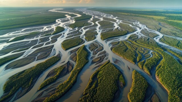 Aerial view of a vast river delta system, intricate network of waterways weaving through lush green vegetation - Powered by Adobe