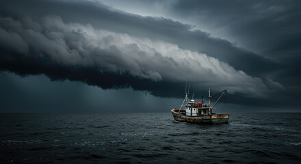 Fishing boat approaching stormy ocean weather