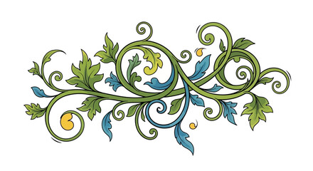 Ornate Swirling Plant Design with Green and Blue Leaves.