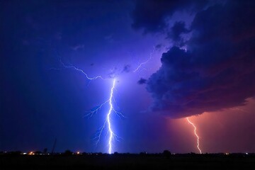Electric blue lightning bolt striking a dark stormy night sky, vibrant and intense energy Powerful nature, electrifying, atmospheric, dramatic scene , mystical, sky
