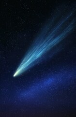 A brilliant comet streaks across a vast expanse of night sky, dotted with countless twinkling stars.
