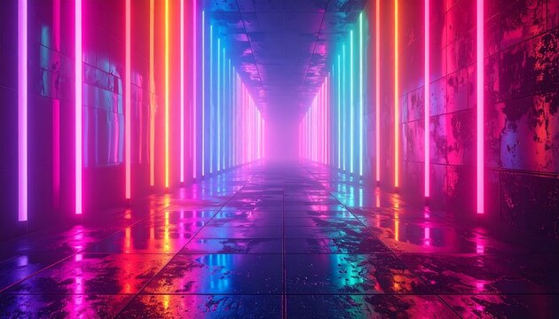 Neon tunnel corridor, vibrant colors