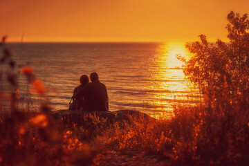 Romantic scene of a couple sitting by the ocean at sunset in early fall. Serene barhatny season mood with calm sea and golden light 