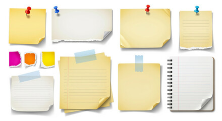 Collection of realistic paper notes, sticky papers, torn sheets, and notebook pages with thumbtacks and tape, featuring curled corners.