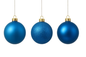 Three blue christmas balls hanging with transparent background