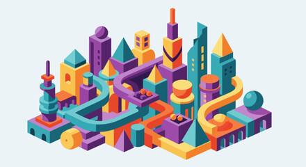 Vibrant Isometric Cityscape with Colorful Buildings and Winding Roads.