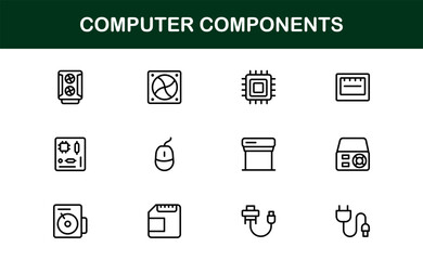 Outline computer components icons for modern IT visuals. Enhance apps, branding, and presentations with premium and professional hardware graphics.