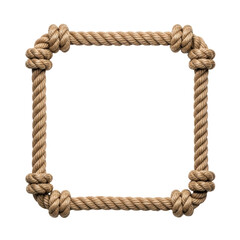 Meticulously crafted rectangular frame of natural brown rope with intricate braiding and nautical knots, flat on transparent background with copy space, nautical frame concept © Anna