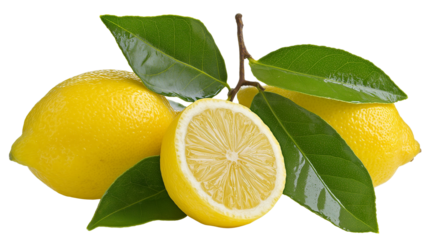 Lemons with green leaves on transparent background