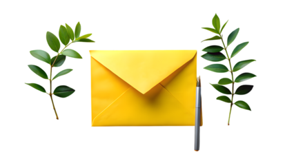 Yellow envelope with green leaves and pen isolated on transparent background