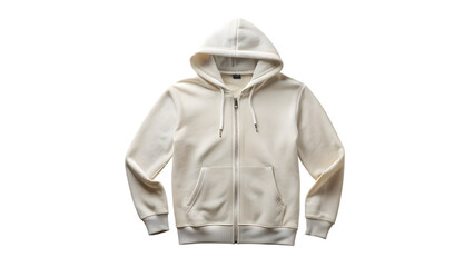 A plain white zipup hoodie with a hood, isolated on a transparent background