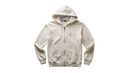 A plain white zipup hoodie with a hood, isolated on a transparent background