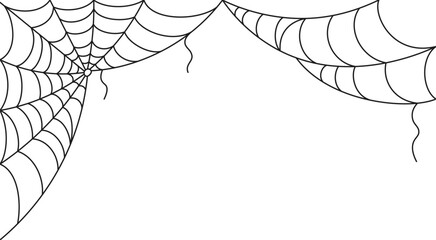 Banner with a dangling spider web in doodle style. Halloween scary theme for frame, poster, party decoration etc. Simple outline drawing. Hand drawn vector illustration isolated on white background.