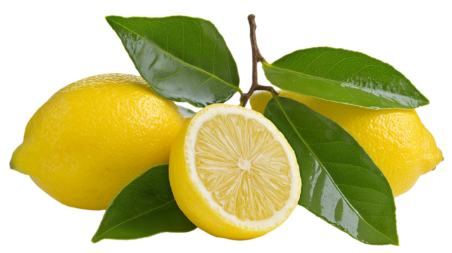 Lemons with green leaves on transparent background - Powered by Adobe