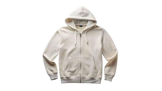 A plain white zipup hoodie with a hood, isolated on a transparent background
