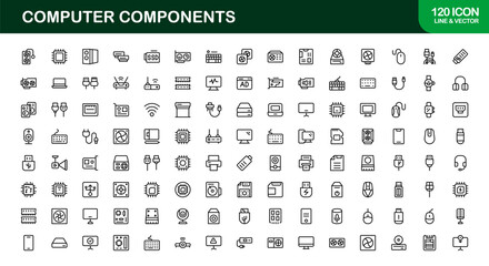 Computer Components Line Icon Set &ndash; Modern, Professional Vector Icons for Hardware, Tech, and Devices in Clean Minimal Outline Style