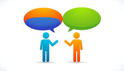 Two stylized figures with overlapping speech bubbles, conveying a discussion