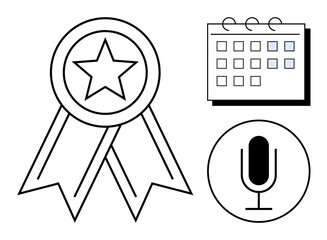 Medal with star, microphone, and calendar in minimal style. Ideal for success, events, achievement, planning, recognition, scheduling simple landing page