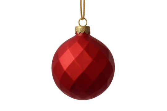 Red christmas ball ornament hanging with gold string on transparent background