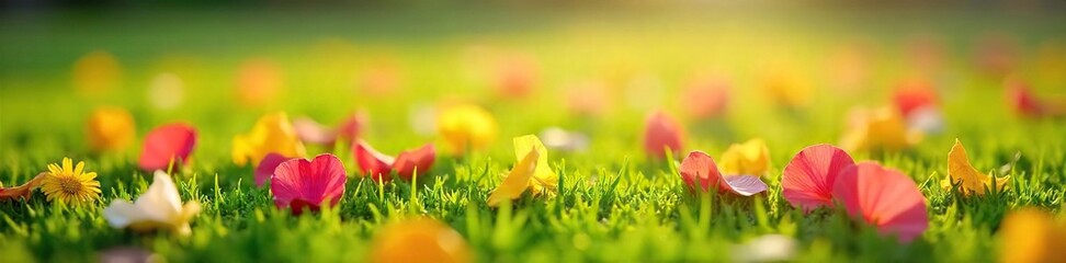 Close-up of vibrant, colorful flower petals scattered on lush green grass outdoors, bathed in sunlight  A perfect image for spring, nature, and floral themes ,  nature,  beautiful