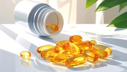 Golden pills on white surface