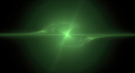 Obraz premium Luminous green light ray piercing through a dark, mysterious space, generating soft, ethereal fractal patterns and a glowing horizon.