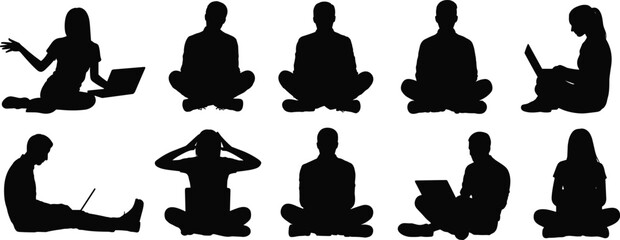 Silhouettes of people sitting cross-legged with laptops, working remotely, thinking, meditation, casual workspace, digital nomads, technology, modern lifestyle, creativity, focus