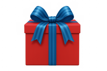 Red gift box wrapped with blue ribbon on transparent background
