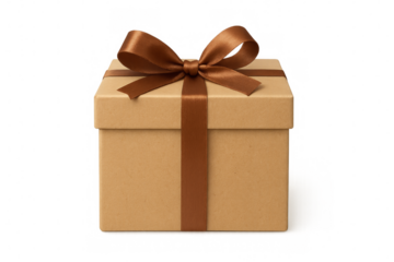 Closed cardboard gift box with brown ribbon on transparent background