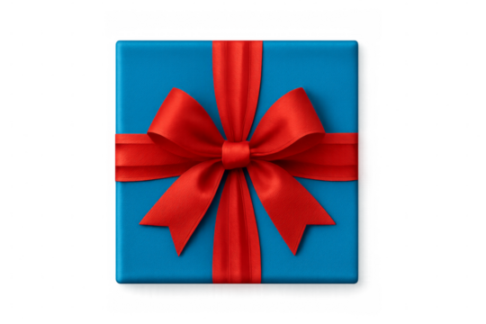 Blue gift box with red bow on transparent background - Powered by Adobe