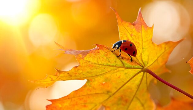 Ladybug on autumn leaf bathed in sunlight - Powered by Adobe