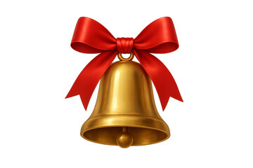 Shiny gold bell with red bow on transparent background
