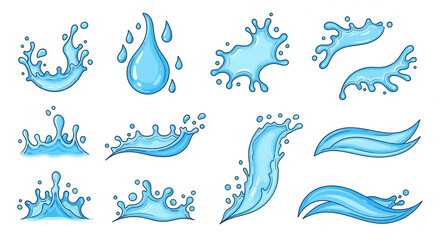 Fototapeta premium A vibrant collection of blue water splashes, aqua liquid drops, flowing waves, and dynamic transparent water motions.