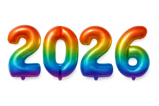 Rainbow balloons forming 2026 with transparent background