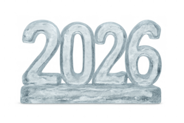 Ice sculpture showing the year 2026 on transparent background