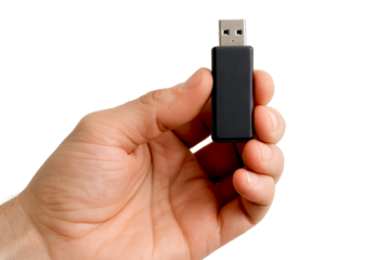 Hand presenting USB flash drive (front view, cutout)