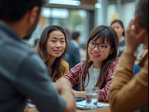 Diverse friends sharing a meal and conversation at an indoor cafe table enjoying quality time - Powered by Adobe