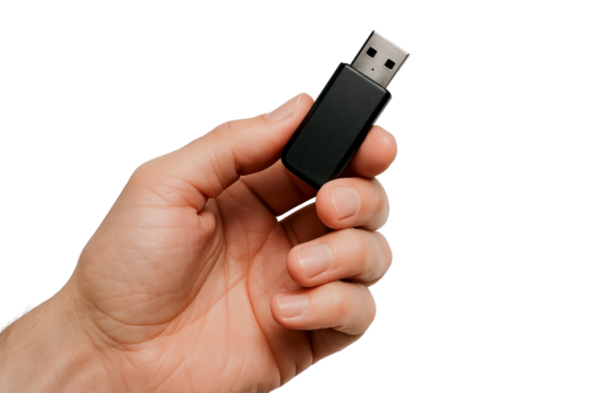 Hand holding USB flash drive (cutout, transparent background)