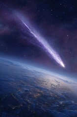 A brilliant comet streaks across the night sky, leaving a luminous trail above the Earth's illuminated surface.