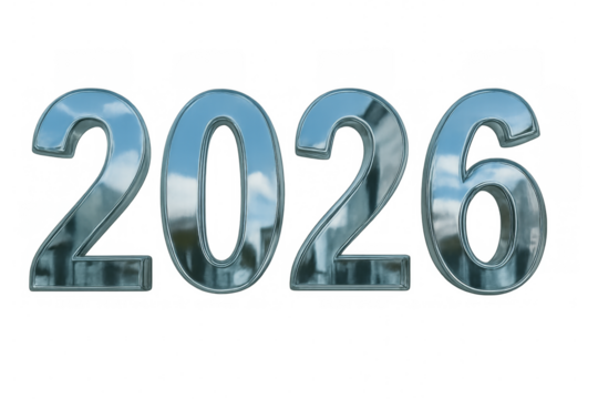 2026 silver numbers reflecting cloudy sky on transparent background